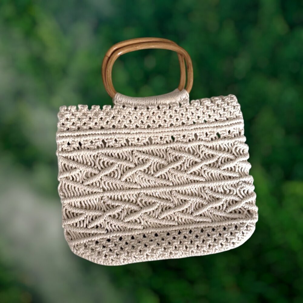 Vintage Style Macrame Handbag Bamboo Handle Boho Coastal Market Bag Neutral